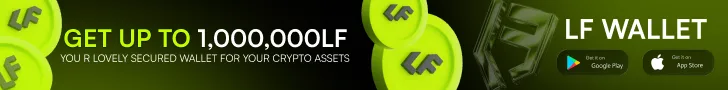 LF Wallet promotional banner offering up to 1,000,000 LF rewards with Google Play and App Store download options.