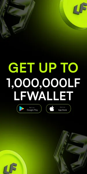 LF Wallet promotional banner offering up to 1,000,000 LF rewards with Google Play and App Store download options.