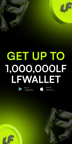 LF Wallet promotional banner offering up to 1,000,000 LF rewards with Google Play and App Store download options.