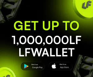 LF Wallet promotional banner offering up to 1,000,000 LF rewards with Google Play and App Store download options.