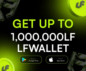 LF Wallet promotional banner offering up to 1,000,000 LF rewards with Google Play and App Store download options.